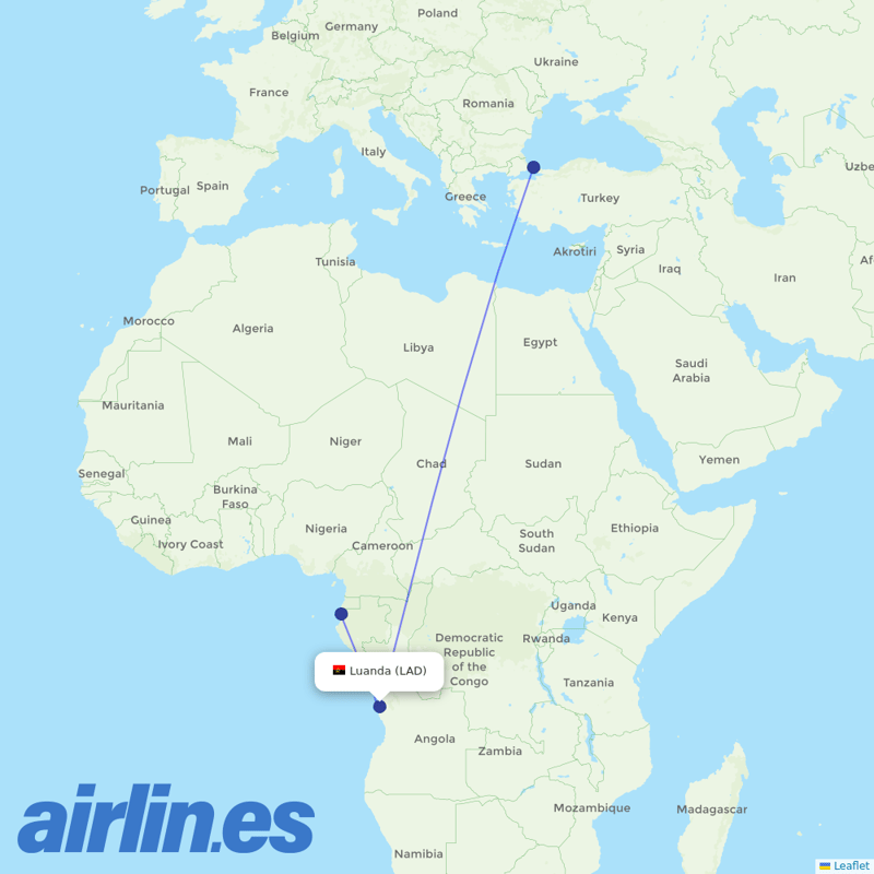 Turkish Airlines from Luanda 4 De Fevereiro destination map
