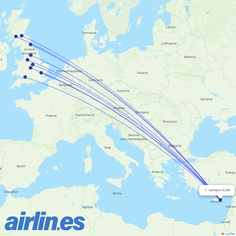 Jet2 from Larnaca Airport destination map