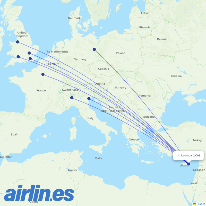 easyJet from Larnaca Airport destination map