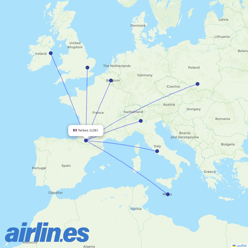 Ryanair from Lourdes destination map