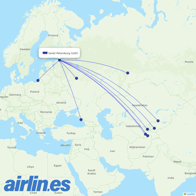 Ural Airlines from Pulkovo Airport destination map