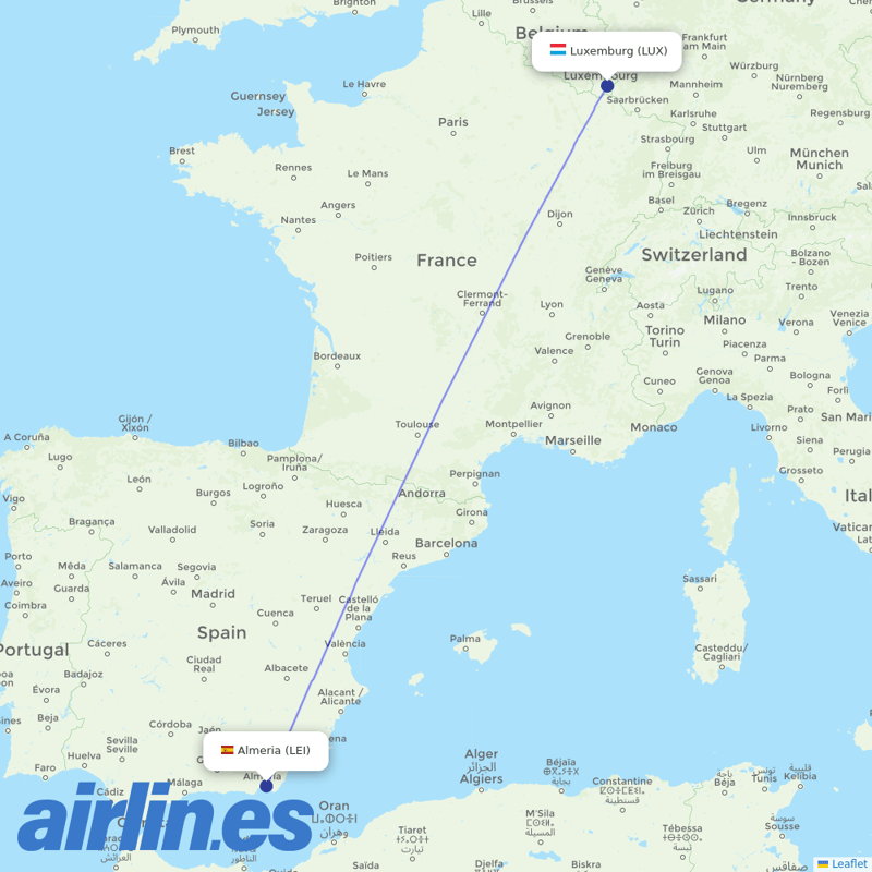 Luxair from Almeria destination map