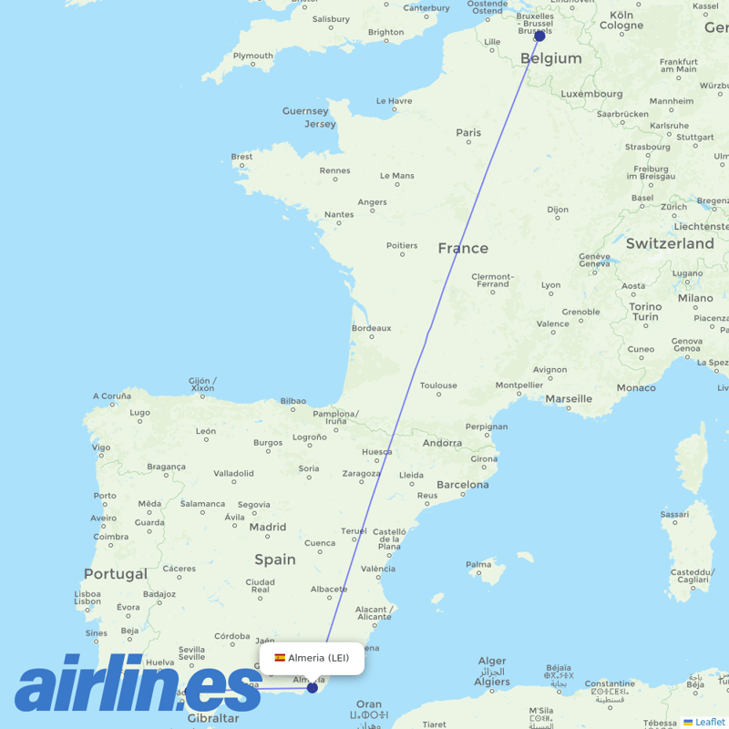 TUI Airlines Belgium from Almeria destination map