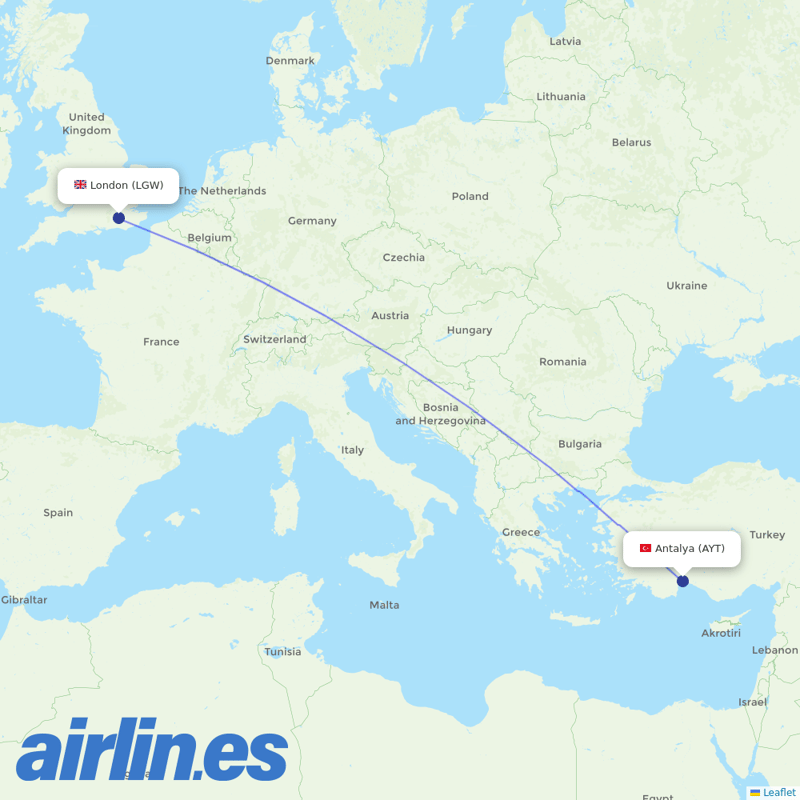 Freebird Airlines from Gatwick destination map