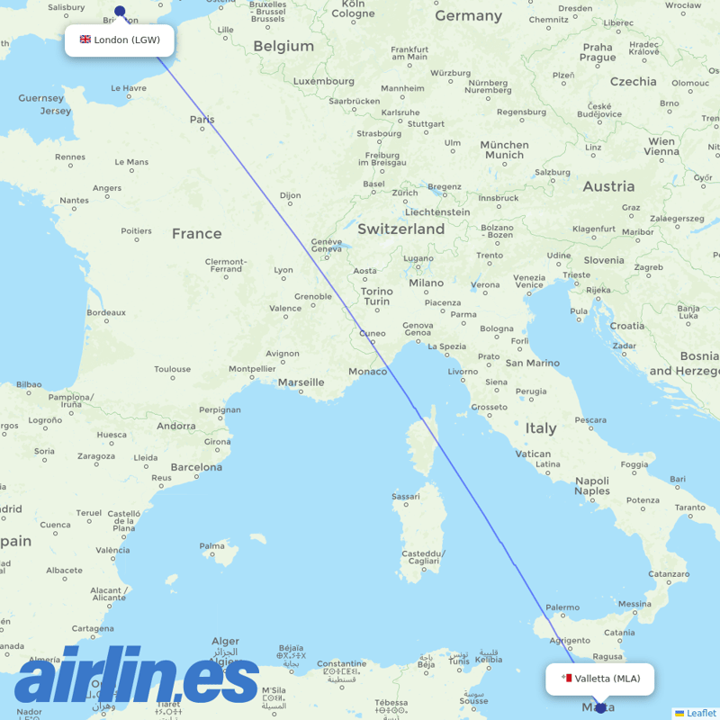 Air Malta from Gatwick destination map