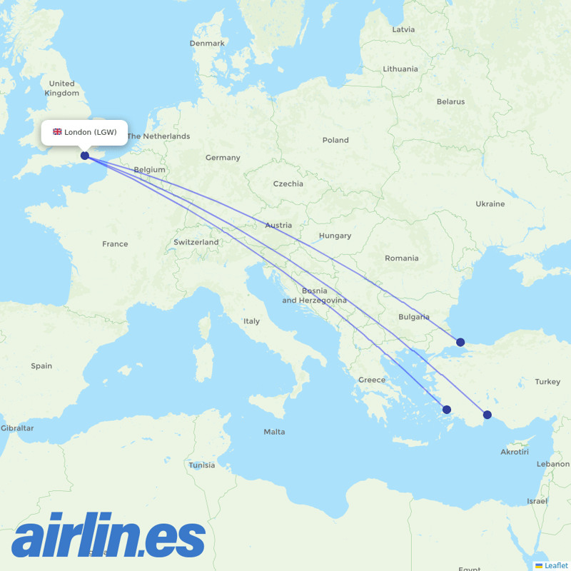 Turkish Airlines from Gatwick destination map