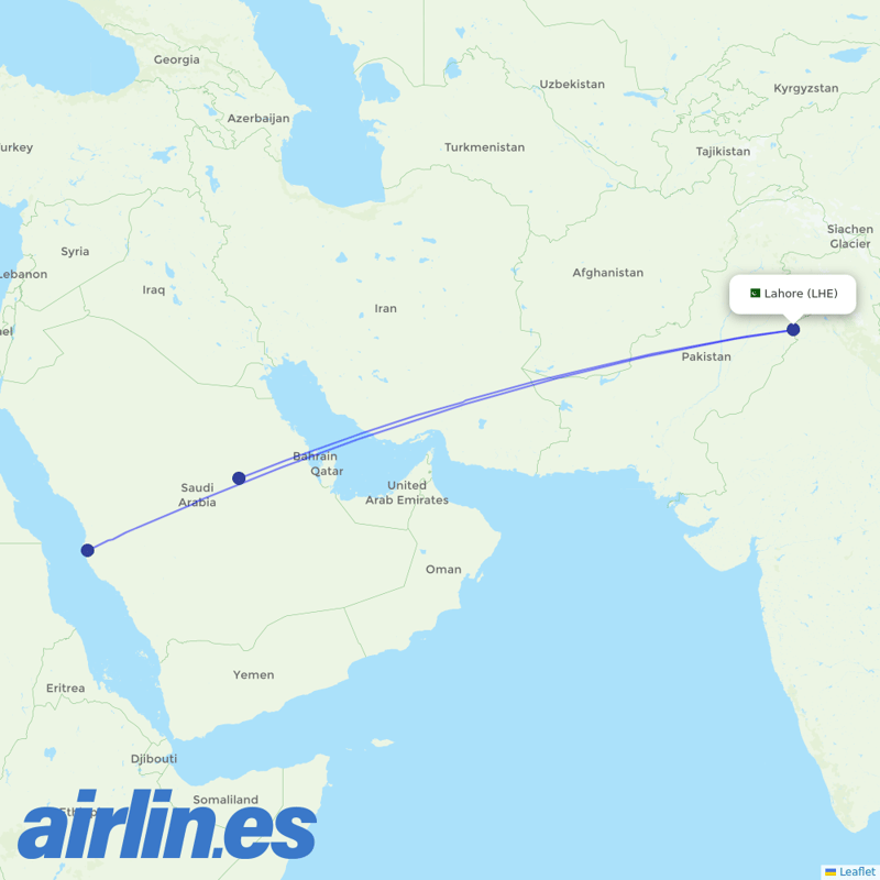 Saudia from Allama Iqbal International destination map