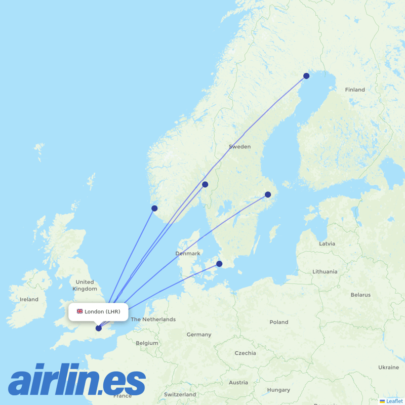 Scandinavian Airlines from Heathrow destination map