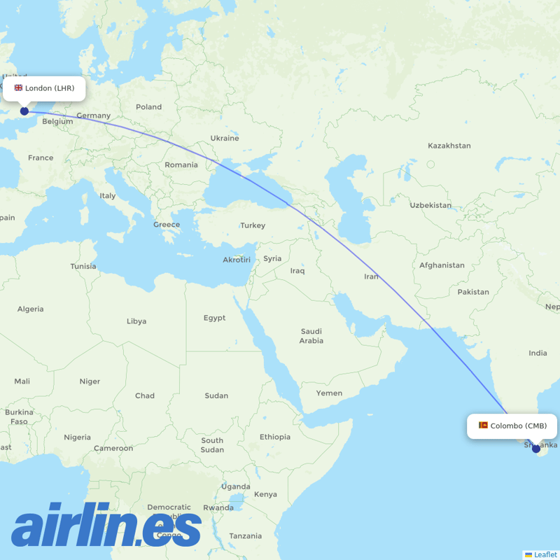 SriLankan Airlines from Heathrow destination map