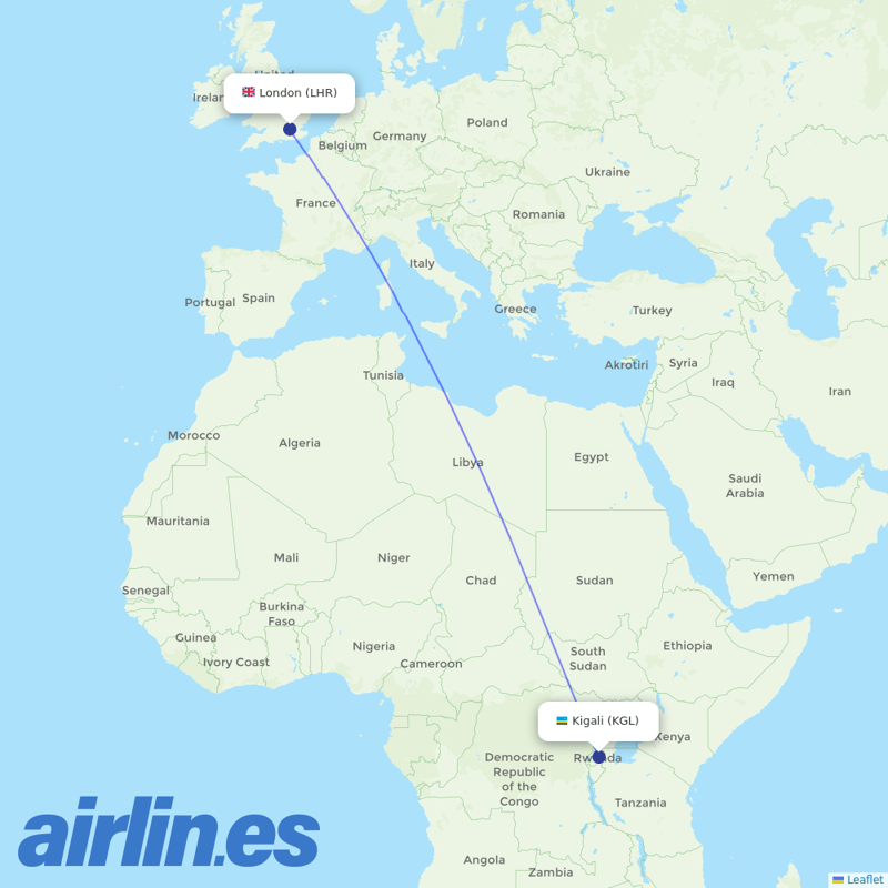 RwandAir from Heathrow destination map