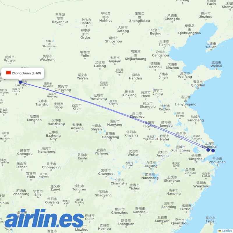 Shanghai Airlines from Lanzhou Zhongchuan International Airport destination map