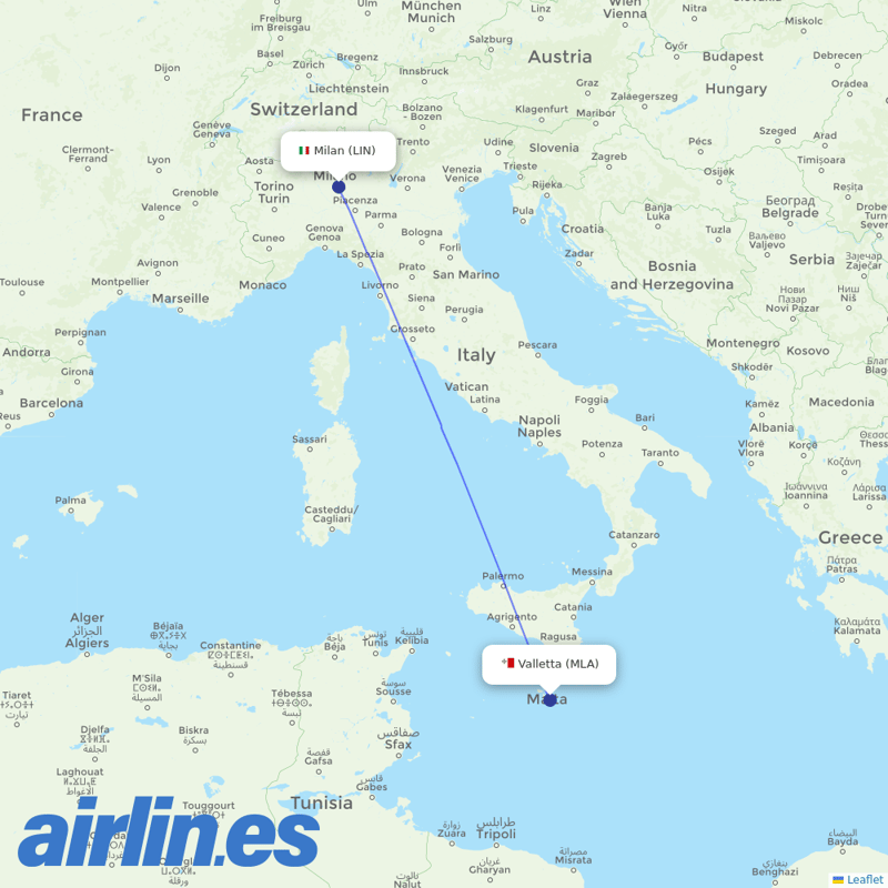 Air Malta from Linate destination map