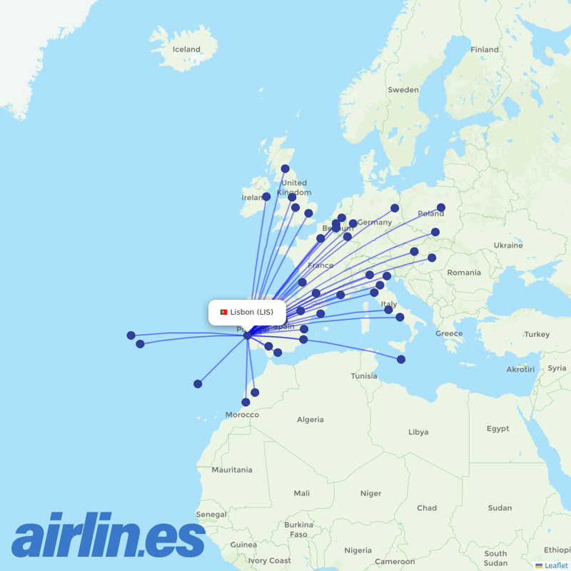 Ryanair from Lisbon Airport destination map