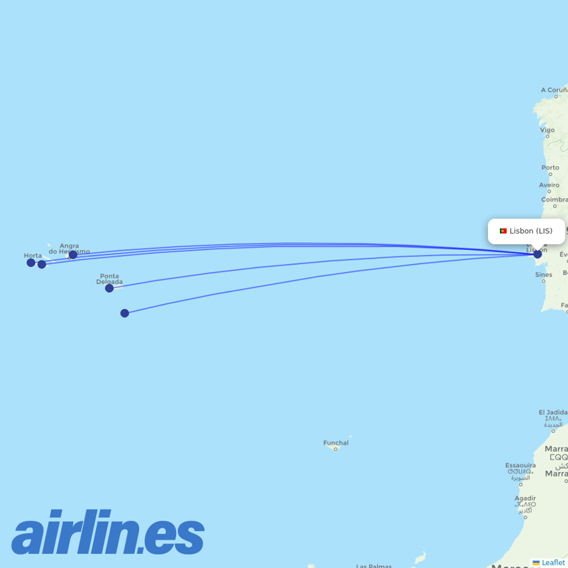 Azores Airlines from Lisbon Airport destination map