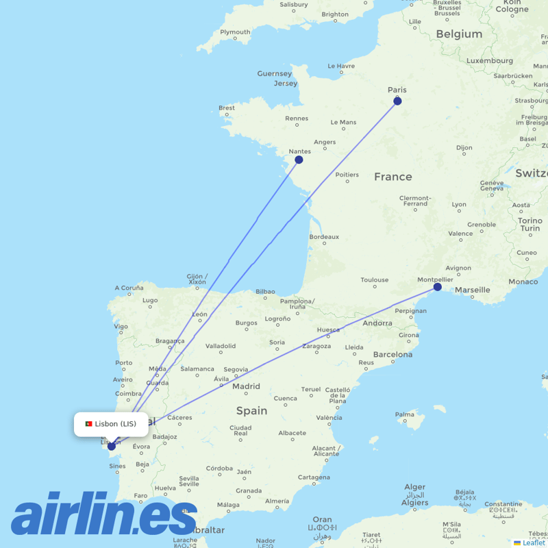 Transavia France from Lisbon Airport destination map