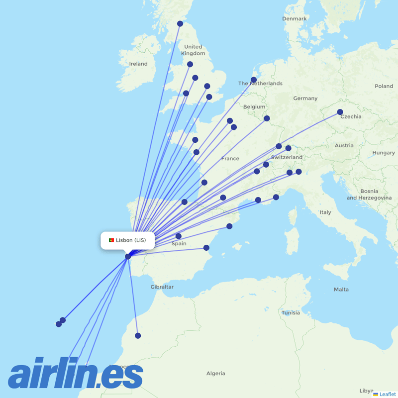 easyJet from Lisbon Airport destination map
