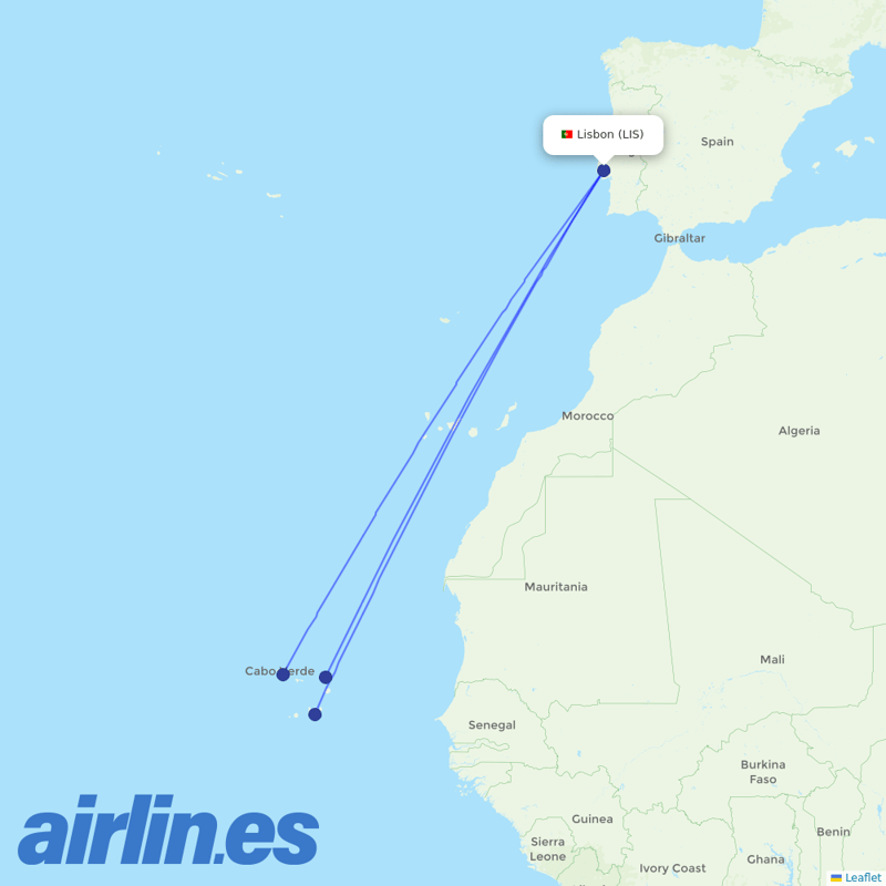 TACV from Lisbon Airport destination map