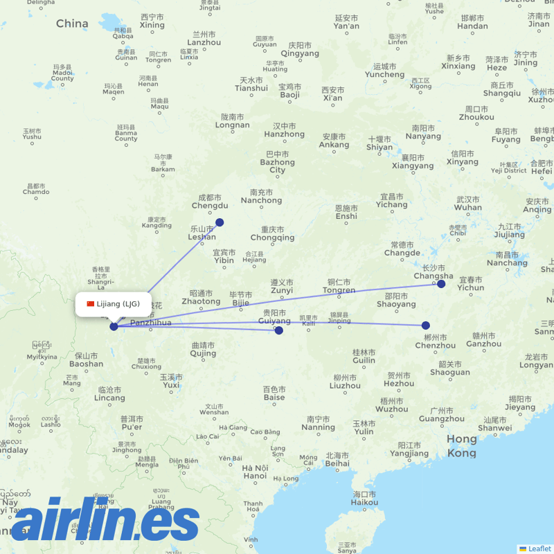 Chengdu Airlines from Lijiang Sanyi Airport destination map
