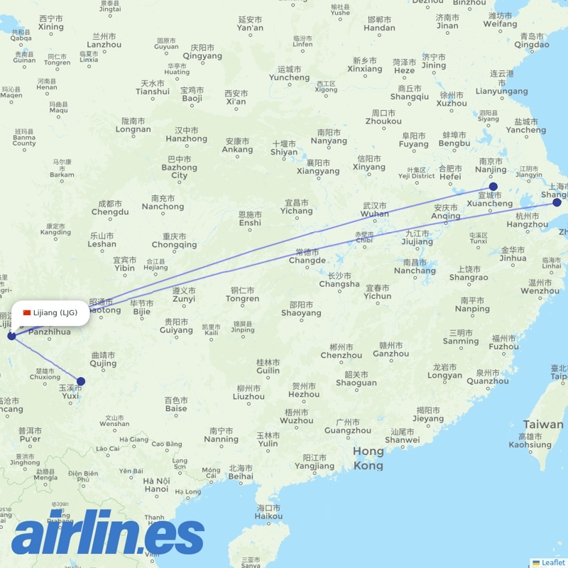 China Eastern Airlines from Lijiang Sanyi Airport destination map