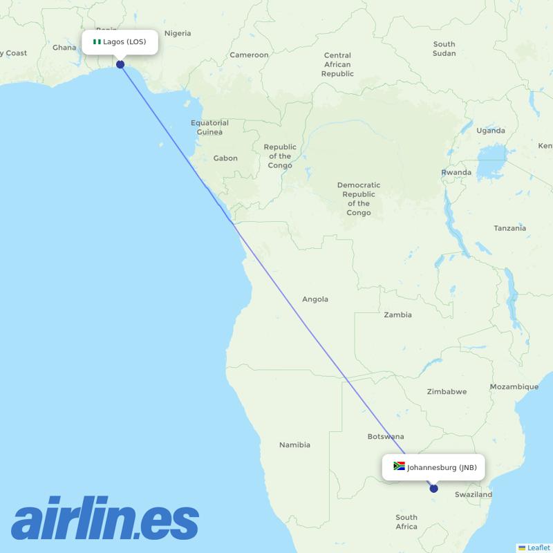 South African Airways from Lagos Murtala Muhammed destination map