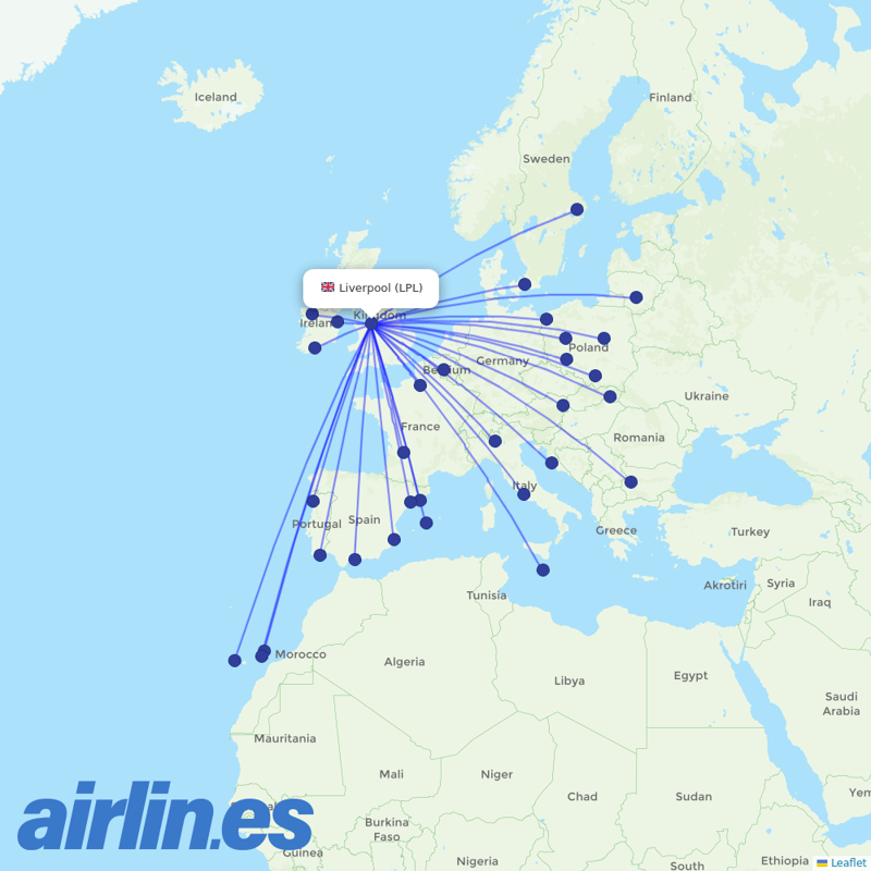 Ryanair from Liverpool Airport destination map