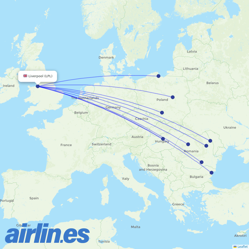 Wizz Air from Liverpool Airport destination map