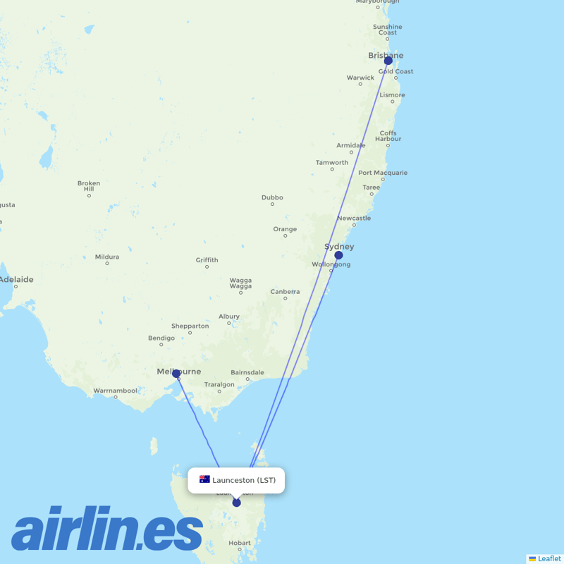 Qantas from Launceston destination map