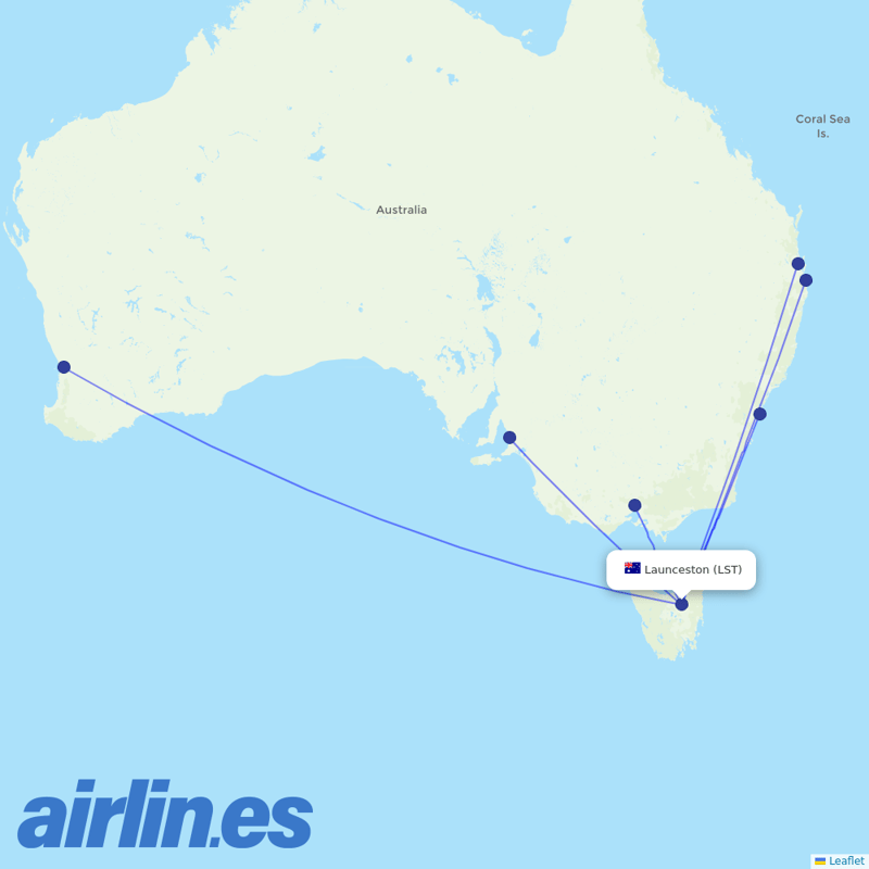 Virgin Australia from Launceston destination map