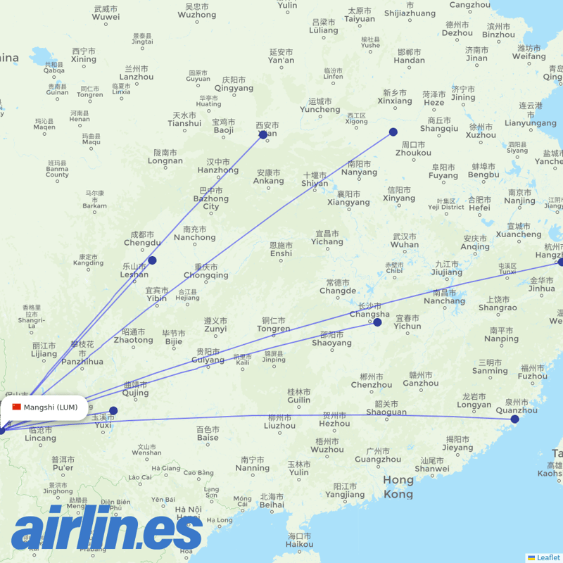 Kunming Airlines from Dehong Mangshi Airport destination map