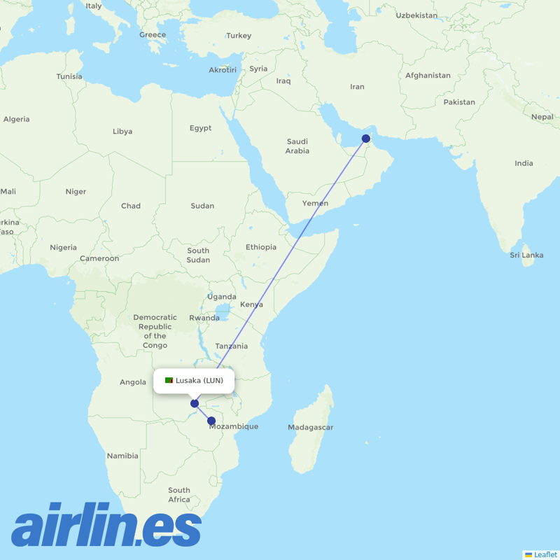 Emirates from Lusaka International destination map