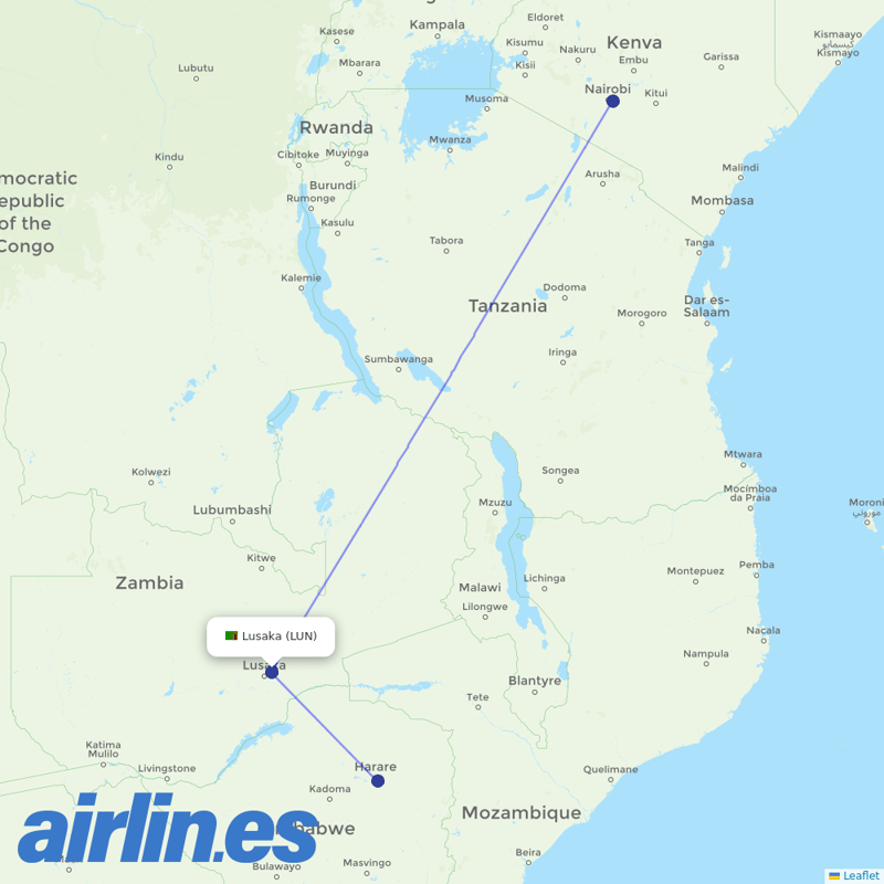 Kenya Airways from Lusaka International destination map