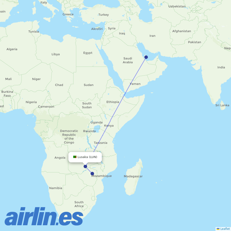 Qatar Airways from Lusaka International destination map