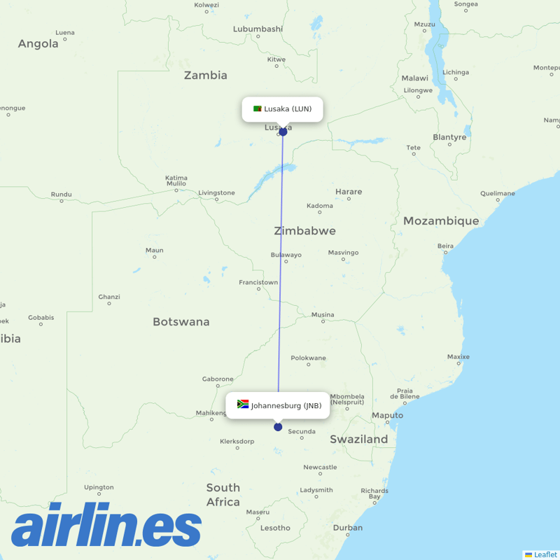 South African Airways from Lusaka International destination map