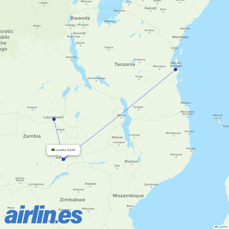 Air Tanzania from Lusaka International destination map