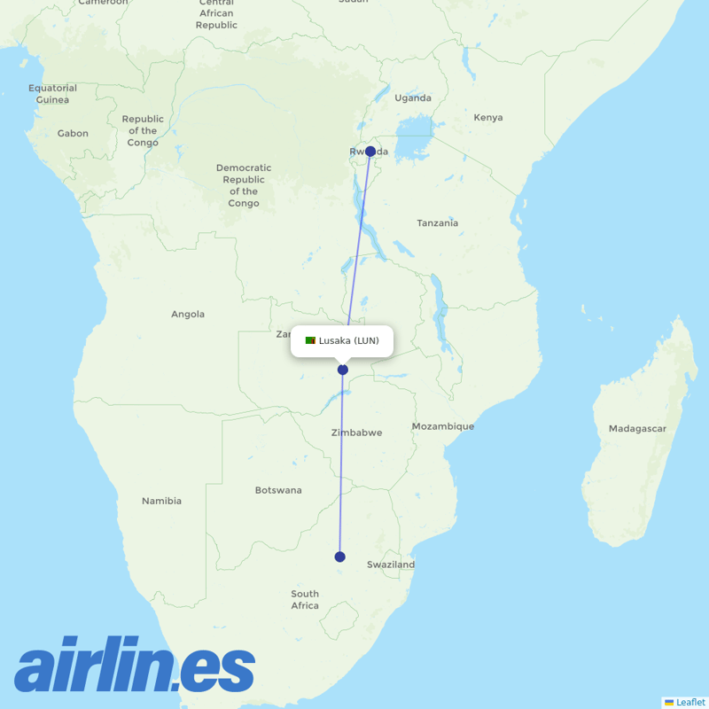 RwandAir from Lusaka International destination map