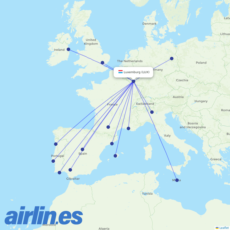 Ryanair from Luxembourg Airport destination map