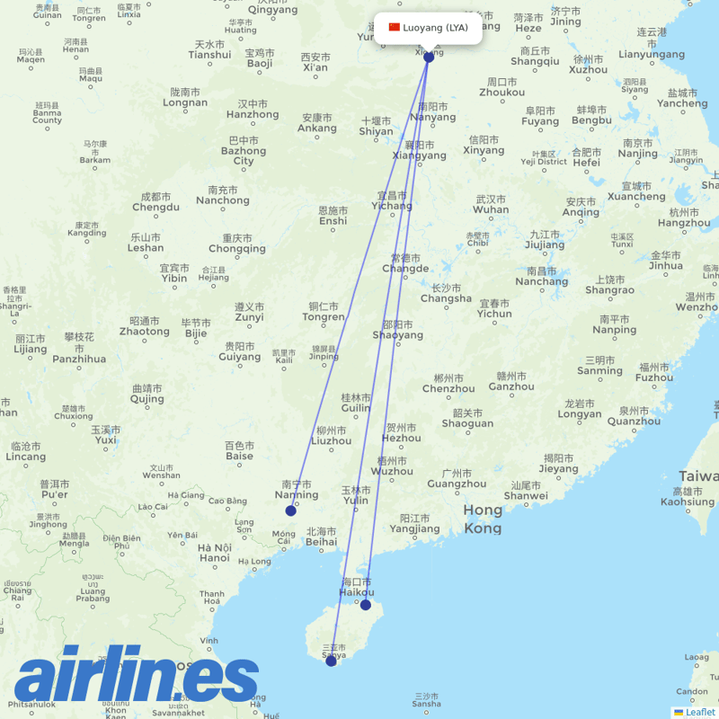 Guangxi Beibu Gulf Airlines from Luoyang Airport destination map