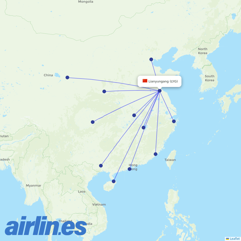 Tianjin Airlines from Lianyungang Airport destination map