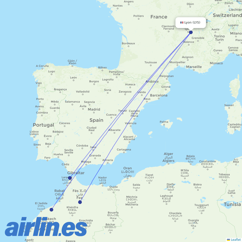 Air Arabia Maroc from Lyon–Saint-Exupéry Airport destination map