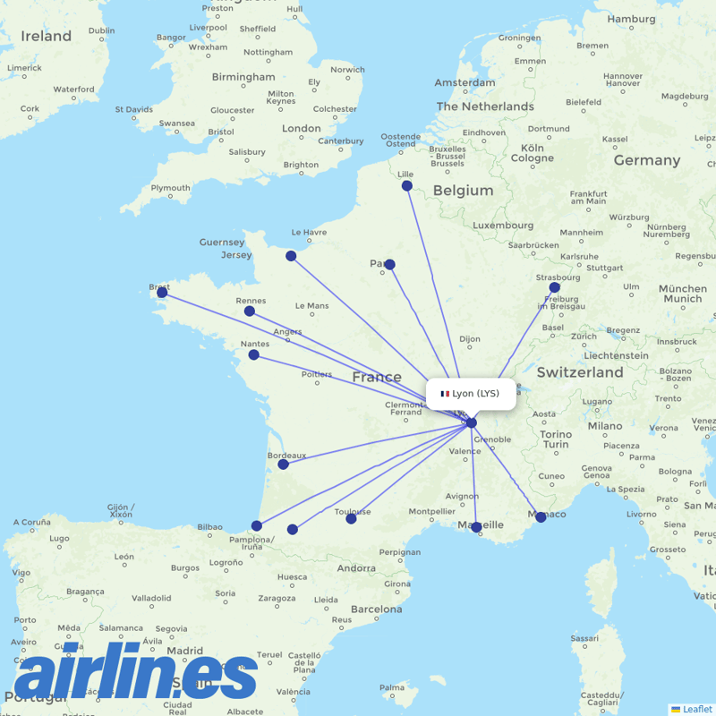 Air France from Lyon–Saint-Exupéry Airport destination map