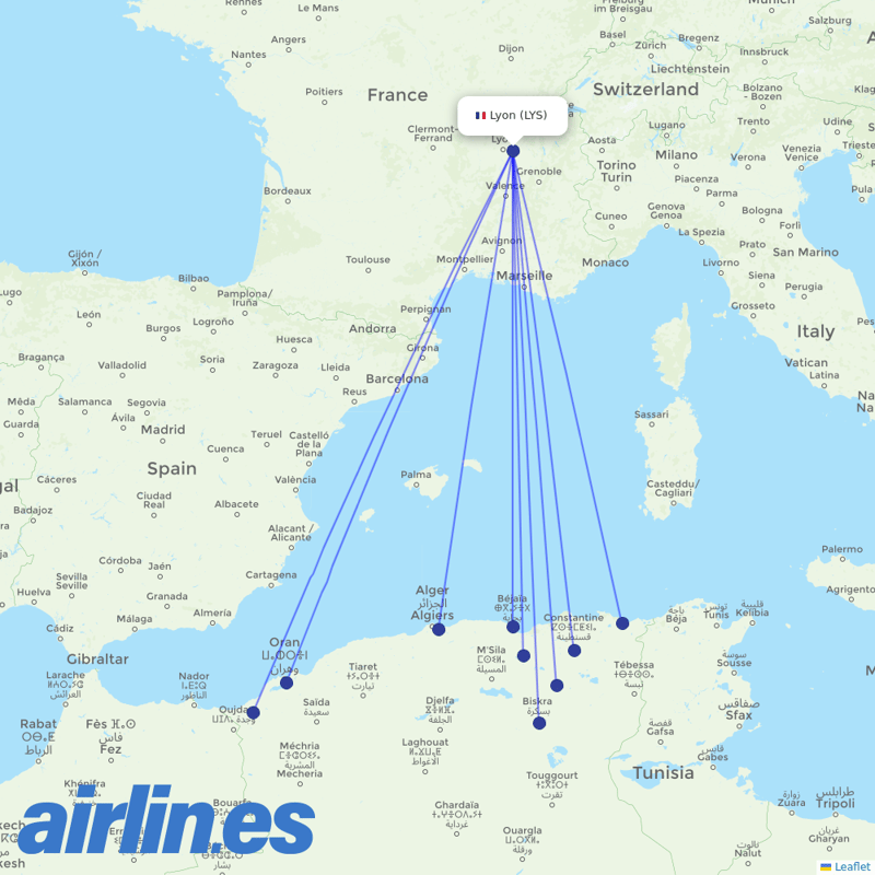 Air Algerie from Lyon–Saint-Exupéry Airport destination map
