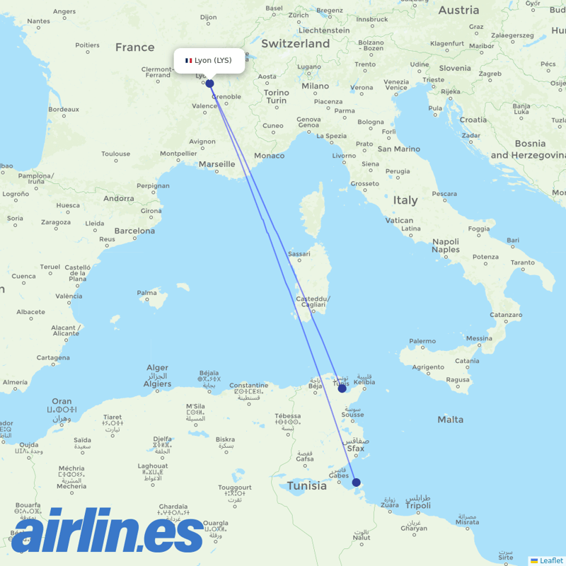 Nouvelair Tunisie from Lyon–Saint-Exupéry Airport destination map