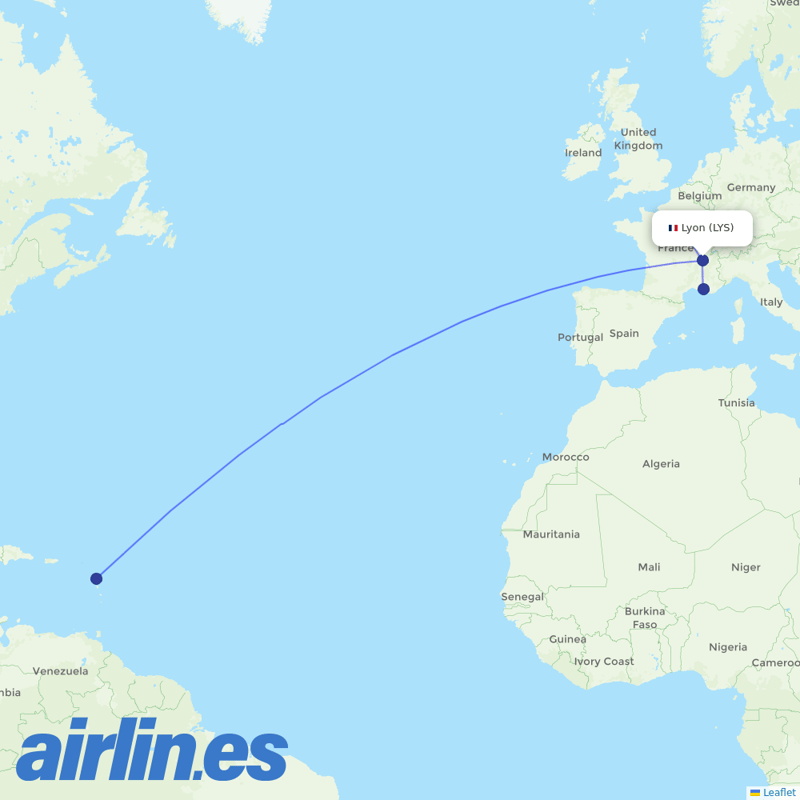 Corsair from Lyon–Saint-Exupéry Airport destination map