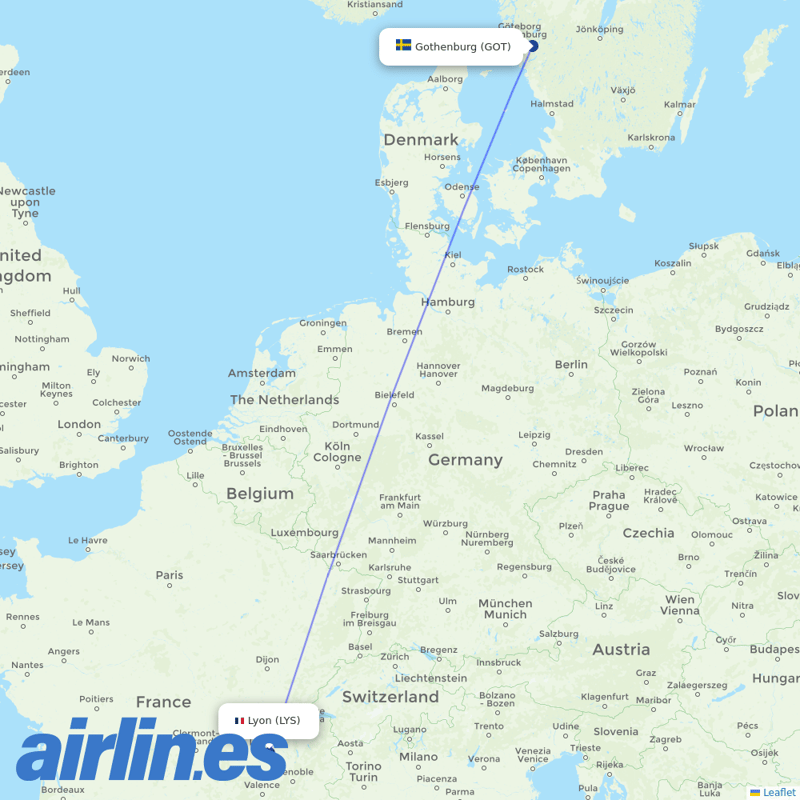 Braathens Regional Airlines from Lyon–Saint-Exupéry Airport destination map