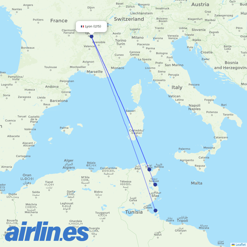 Tunisair from Lyon–Saint-Exupéry Airport destination map