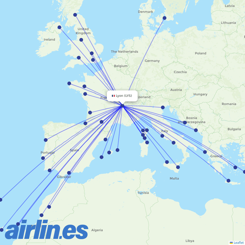 easyJet from Lyon–Saint-Exupéry Airport destination map