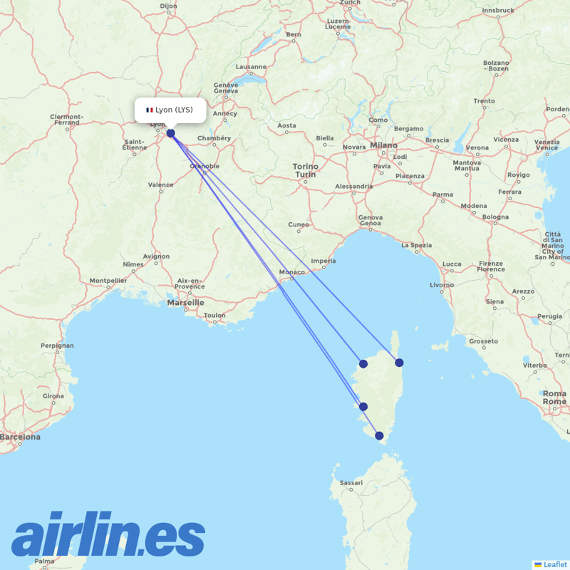 Air Corsica from Lyon–Saint-Exupéry Airport destination map