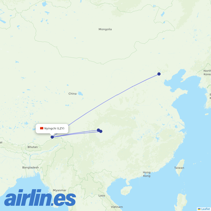 Air China from Nyingchi Airport destination map