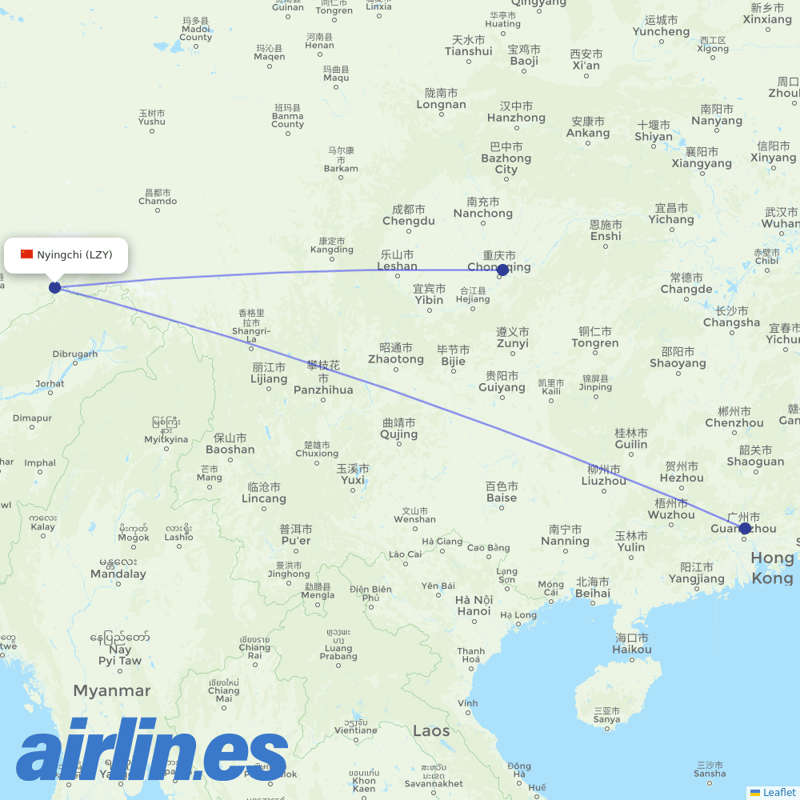 China Southern Airlines from Nyingchi Airport destination map