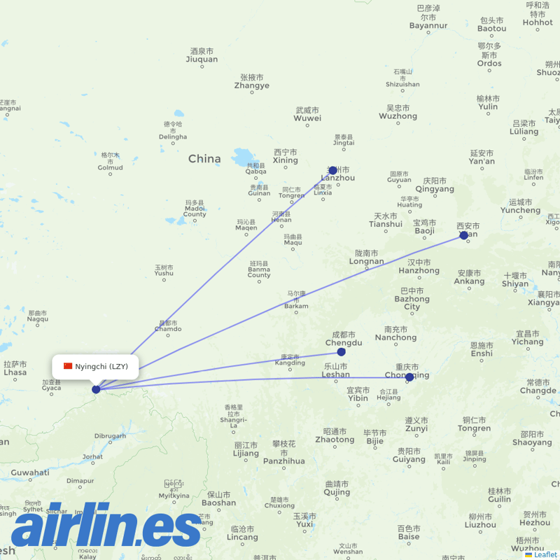 Tibet Airlines from Nyingchi Airport destination map